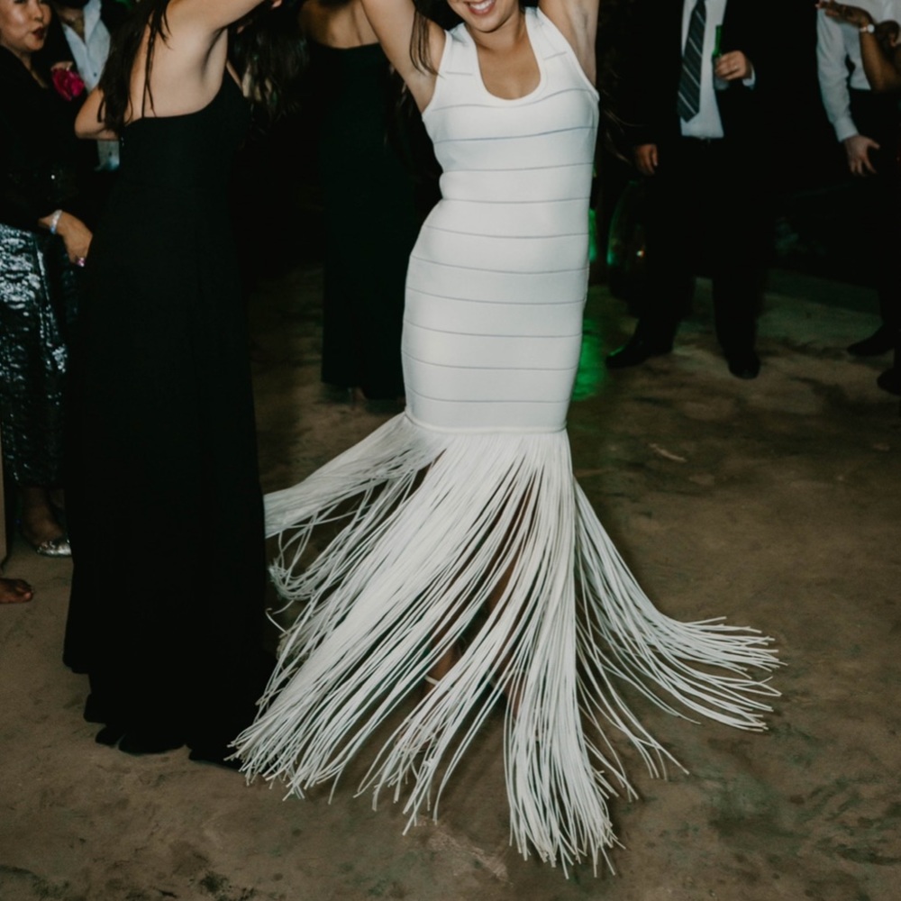 Herve Leger Fringe Maxi Bodycon White Dress